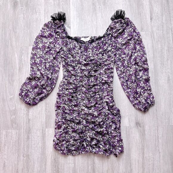 ASTR Purple Floral Ruched Long Sleeve Dress XS - Picture 3 of 8
